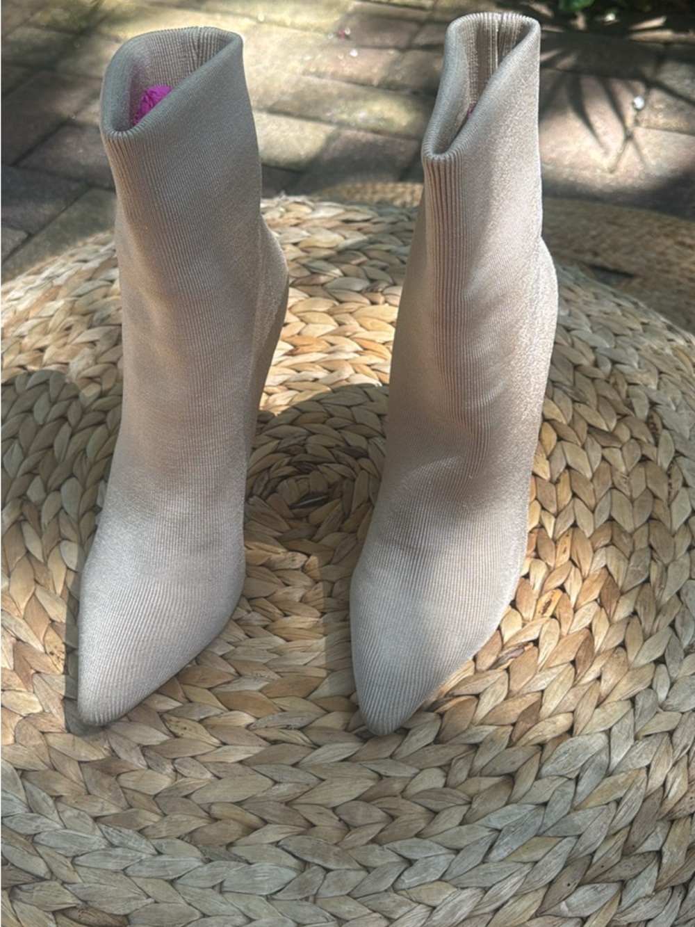 House of CB Beige Pointed-Toe Sock Ankle Boots